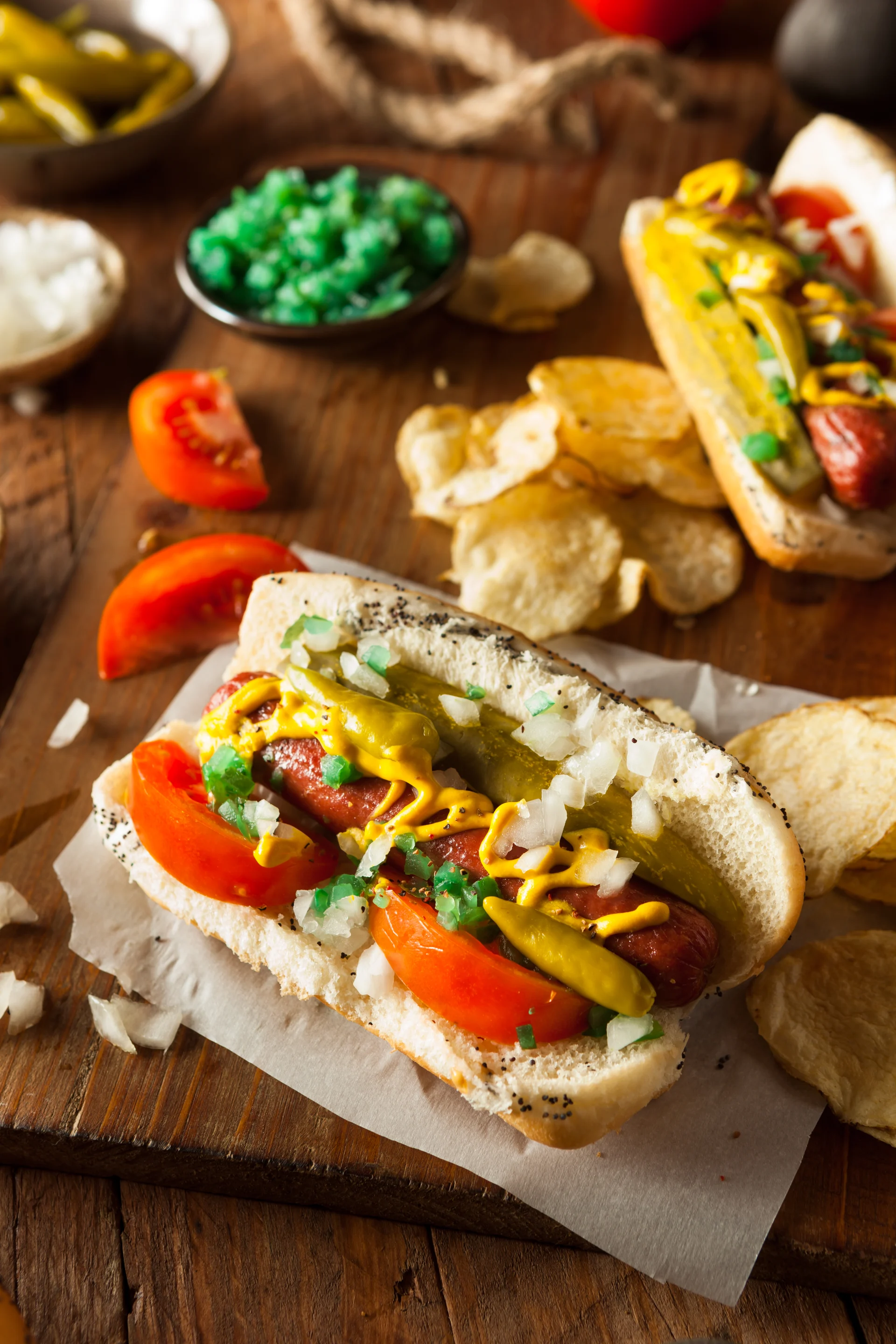 Chicago-Style Hot Dog im Mohnbrötchen mit Senf, Tomate, Gewürzgurke und Relish