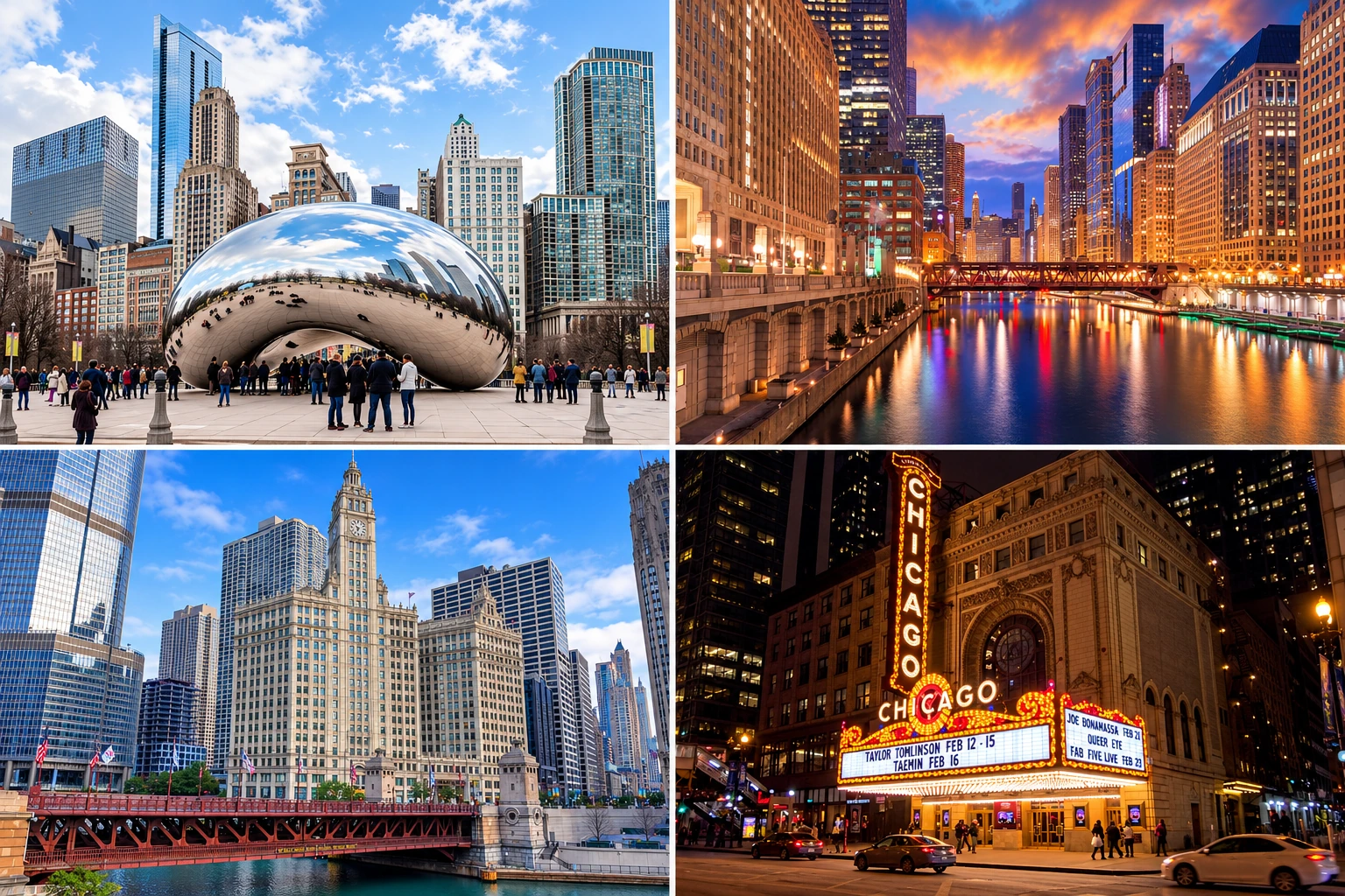 Chicago photo spots collage: Cloud Gate, the Chicago River at sunset, Wrigley Building and Chicago Theatre