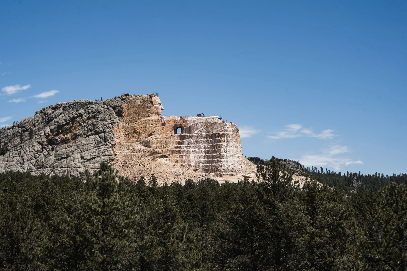 Tác phẩm điêu khắc trên núi Crazy Horse phía trên sườn đồi có rừng