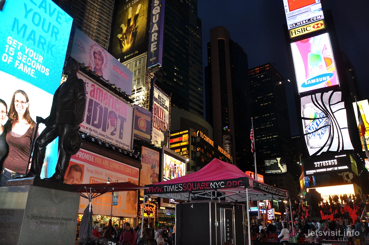 Iklan dan skrin terang Broadway di atas orang ramai pada malam hari