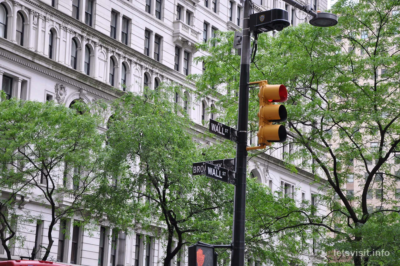 Papan tanda Wall Street dan Broadway bersebelahan pokok hijau serta fasad batu