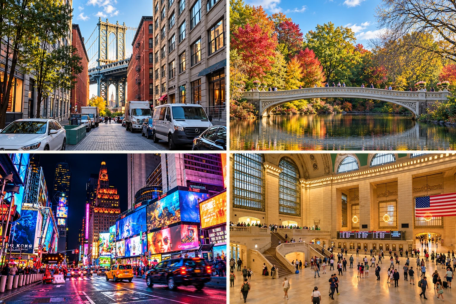 New York City photo spots collage: Manhattan Bridge in DUMBO, Bow Bridge in Central Park, Times Square and Grand Central Terminal