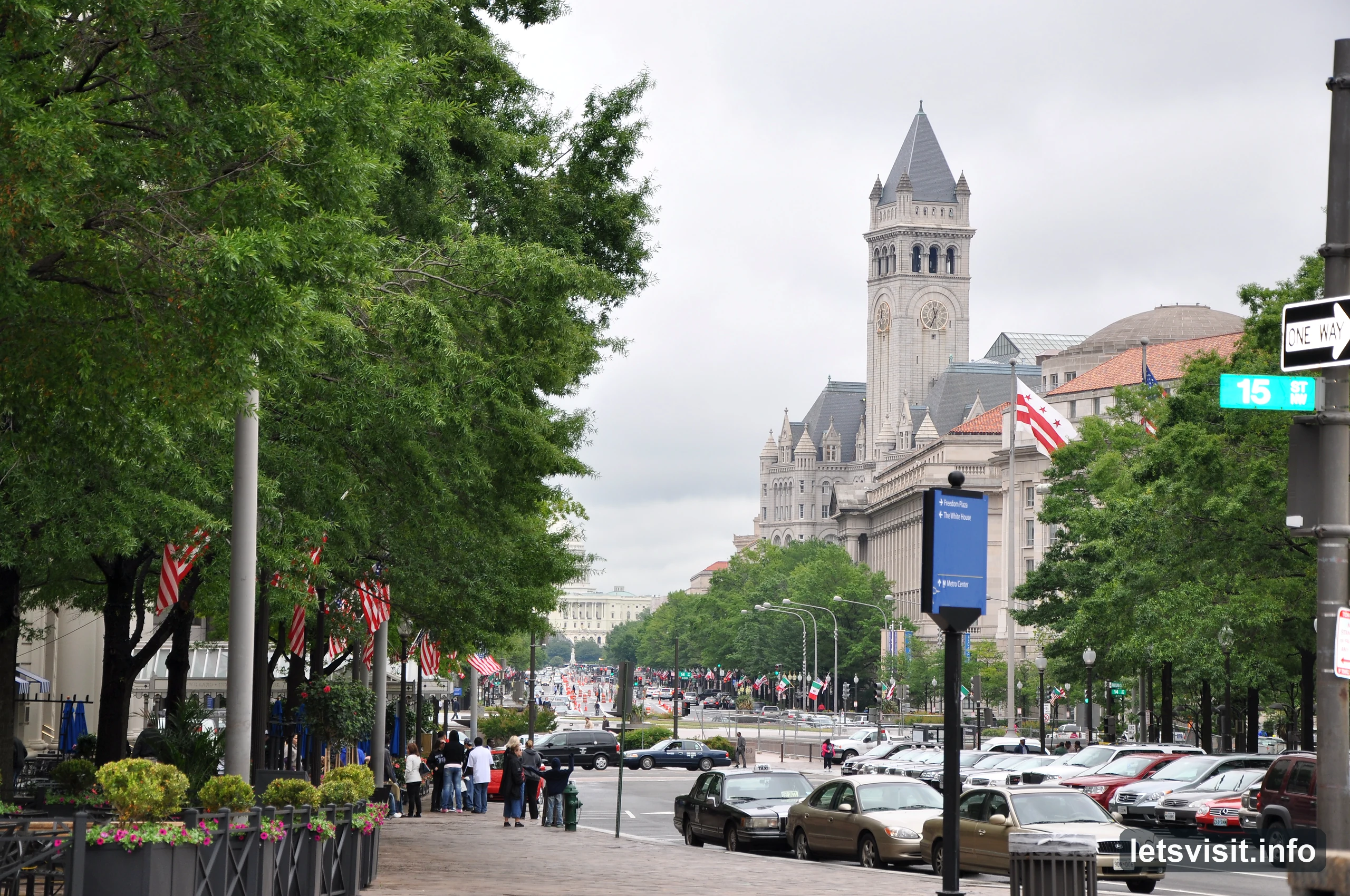 Tree-lined Washington avenue with a stone clock tower and street traffic