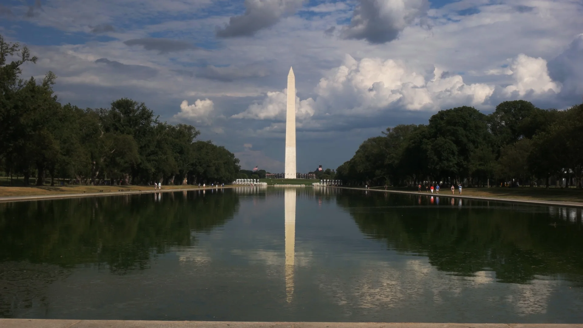 Washington Monument reflected in the Lincoln Memorial Reflecting Pool beneath dramatic clouds